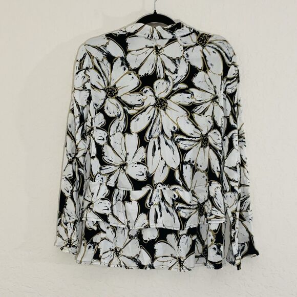Habitat Blouse Women M White Black Floral Button Up Artsy Feminine Career Office - Picture 2 of 10